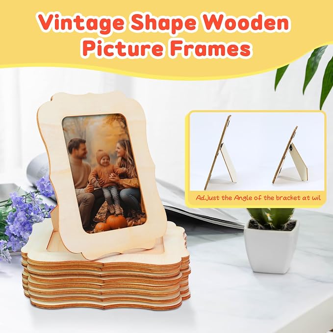 VOKOY 20 Pack Wooden Picture Frames for Crafts, 4" x 6" Photos DIY Wood Frames for Crafting,Unfinished Standing Photo Frames DIY Craft Wood Decorate for Birthday Party Gifts,Vintage Shape