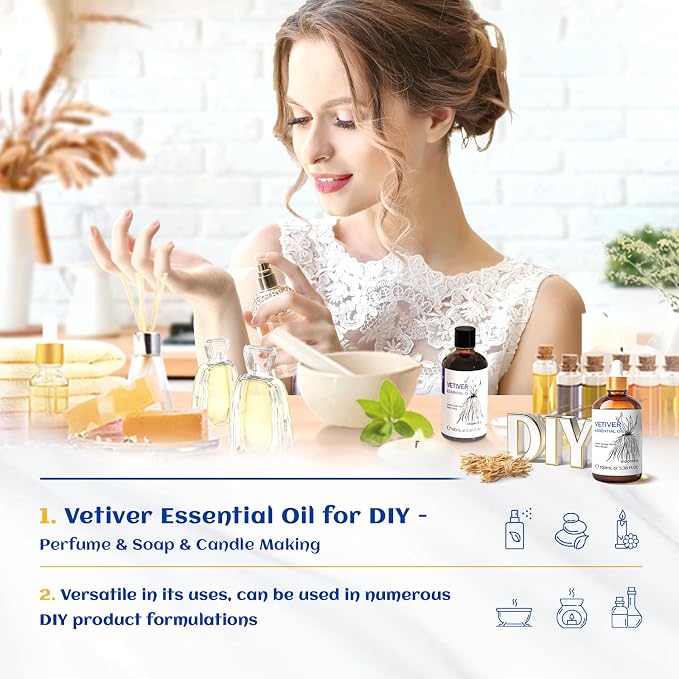 HIQILI Vetiver Essential Oil for Skin, Perfume, Aromatherapy