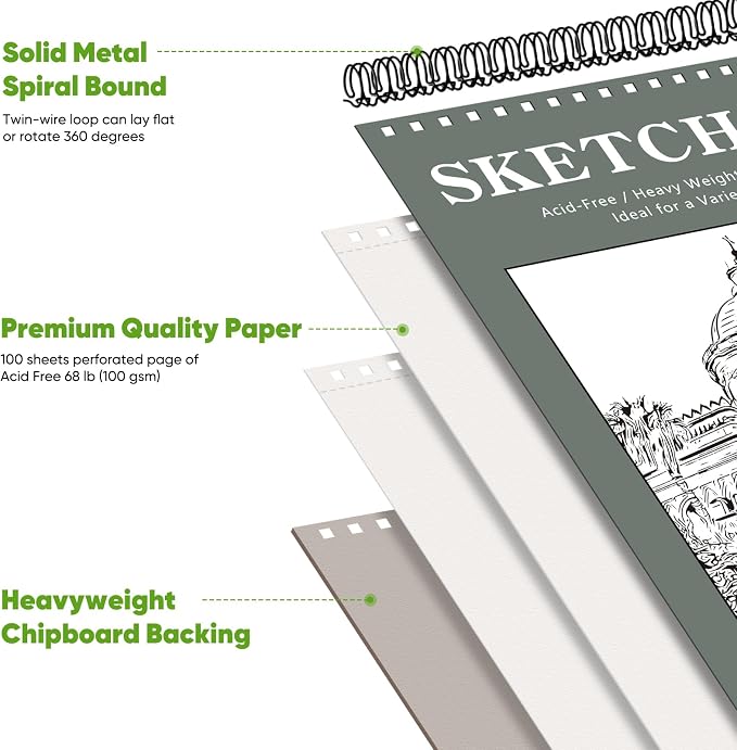 Soucolor Sketch Book 9x12, Drawing Paper Pad 68lb/100gsm Acid-Free | 100 Sheets,Top Spiral Sketchbook for Kids Adults, Art Supplies Sketch Pad for Drawing Illustration College Essentials