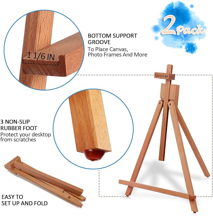 2 Pack Beechwood 25’’ Tabletop Easel Display Stand Set for Painting | Holding Canvas Up to 22 1/2 Inches High, Artist A-Frame Tripod with Rubber Feet, Portable Photo and Sign Holder