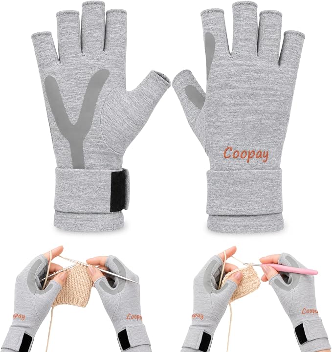 Coopay Crochet Hooks Gloves, Size L, 2 Pcs | Adjustable Wrist Guard with Palm Grip Strips, Ergonomic Half Finger Design Relieve Wrist Fatigue for Crochet Lovers