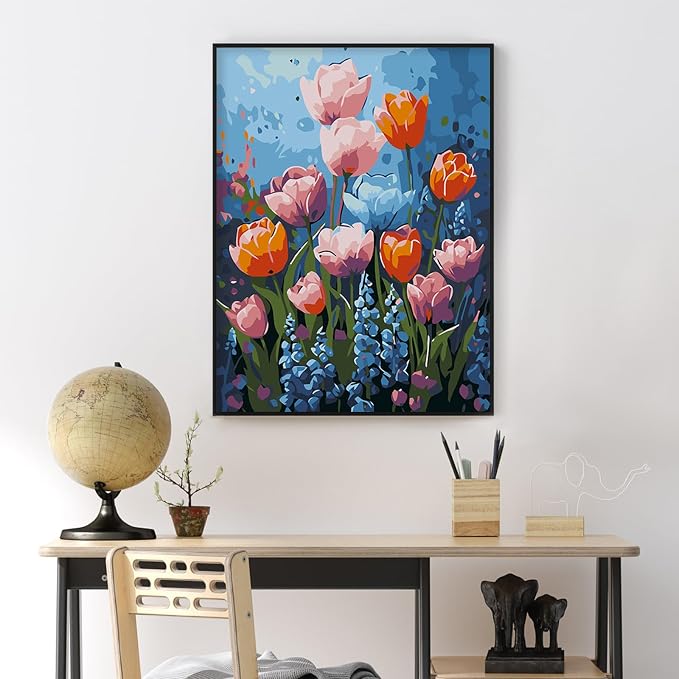 Yezavesu Flowers Framed Paint by Numbers Kit for Adults Beginner | With Frame Canvas 12x16 Inch, DIY Acrylic Painting by Numbers Colorful Flower, Stress Relief Craft Kits, Home Wall Decor Gift