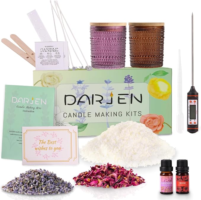 DARJEN Candle Making Kit for Beginners, 2 Jars Soy Wax Scented DIY Set | 100% Soy Wax, 10oz Glass Jars, Natural Cotton Wicks, Pleasant Scents, Instruction& More- Perfect as Home Decorations