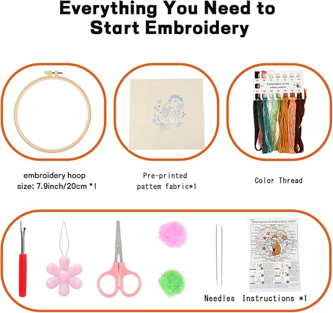 Beginner Fox Embroidery Kit for Adults, Pre-Printed with Video Tutorial