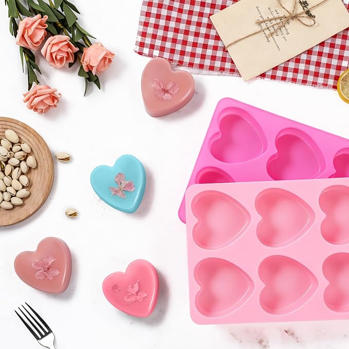 SJ Heart Soap Mold Set, 2-Pack 6-Cavity Silicone Soap Molds | For Soap Making, Candy, Jelly, Chocolate & Wax Melts, Food Grade Silicone, Easy Release, Reusable