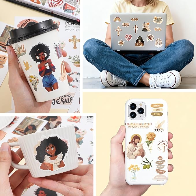 260+ Christian Stickers for Black Girls, Waterproof Vinyl Religious Bible Verse Sticker Book for Water Bottle Laptop Scrapbook Journaling Planner, Bible Study Prayer Vision Board Supplies for Women
