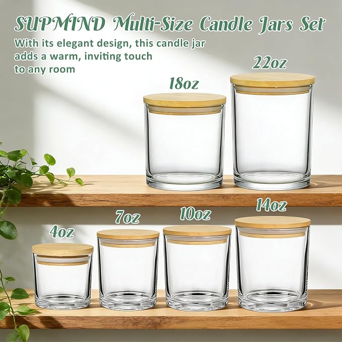 SUPMIND 6 Pack Glass Candle Jars with Lids,18 fl.oz Clear Candle Containers | Bulk Candle Jars for Making Candles, Ideal for DIY Candle Making, Home Decor, and Gifts-Dishwasher Safe