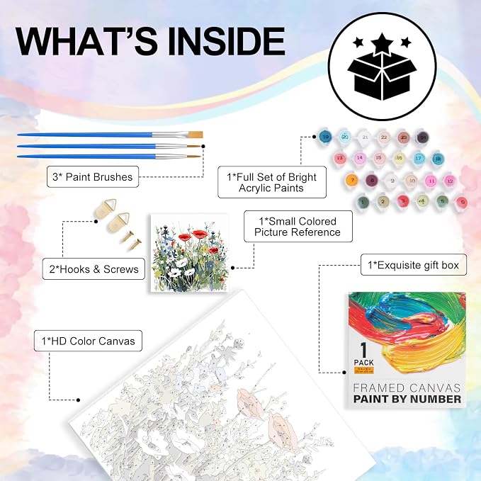 Yezavesu Flower Framed Paint by Numbers Kit for Adults Beginner & Kids Ages 8-12, Wildflowers Paint by Number Without Easel, DIY Adult Paint by Numbers Flowers for Home Wall Decor Gift 10x 10 inch | With Frame Canvas 10x10 IN, Without Easel, DIY Acryli...