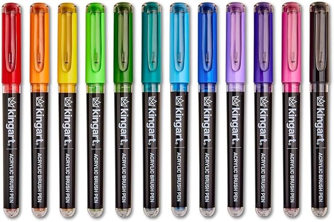 KINGART Acrylic Paint Markers Brush Tip, 12 Vibrant Colors. Water-based, no-bleed, waterproof pens with automatic ink control for rock, egg, wood, fabric, glass & DIY crafts