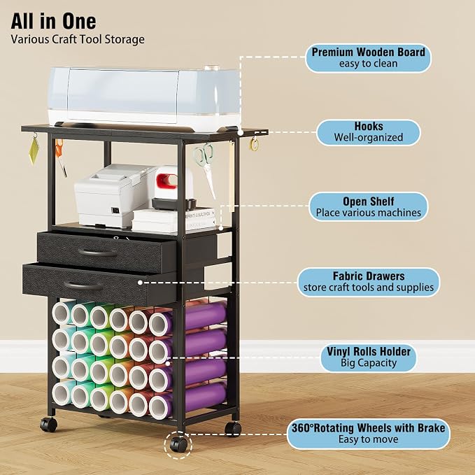 VENNQD Organizer and Storage Stand Compatible with Cricut Machines, Rolling Storage Cart/Shelf with 24 Vinyl Roll Holders, 2 Fabric Drawer, Accessories Holder, Tool Hook for Craft Room Home (Black)