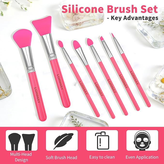 LORMAY 7-Piece Silicone Brush Set for UV Resin Epoxy Crafts and Makeup, Red | Easy Clean for DIY Epoxy Art and Makeup, Soft Reusable Tools, Gentle Applicator Suitable for All Skin Types