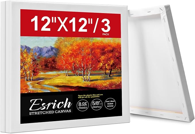 ESRICH Stretched Canvas for Painting 12x12 Inch, 3 Pack Square Painting Canvas -5/8 in Profile Primed Cotton White Blank Canvases for Painting for Oil & Acrylic Paint