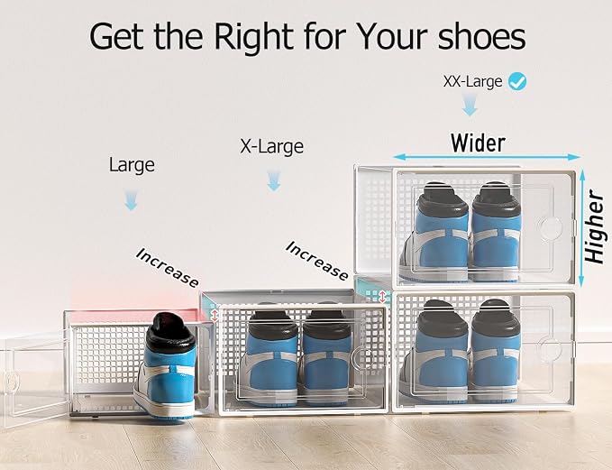 Kuject XX-Large Shoe Storage Boxes 12 Pack, Clear Stackable Shoe Organizer