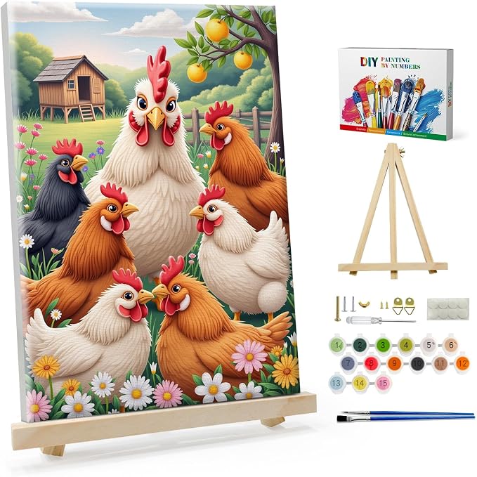 SparkGlow Chickens Paint by Number Kits for Adults with Frame, 8×12 Inch | Animal Painting by Number, Include Easel, HD Canvas, Relax and Enjoyable, Number Painting for Gift, Home Decoration