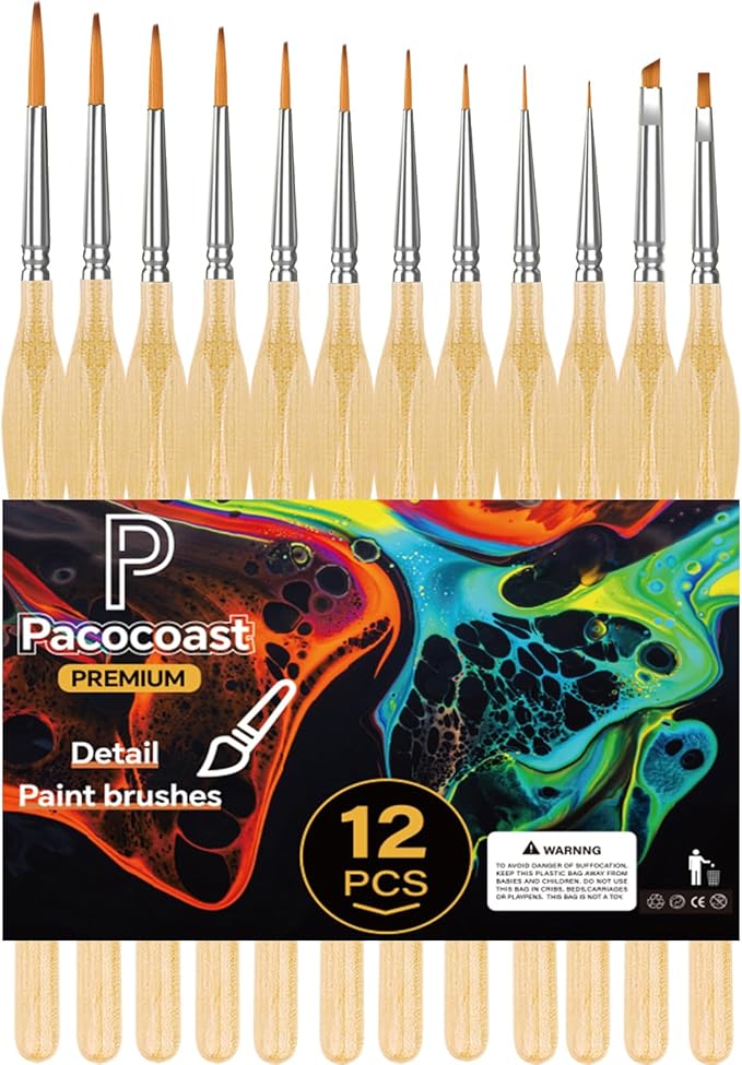 12Pcs Detail Paint Brushes Set for Miniature Fine Art Painting | Triangular handles for acrylic, oil & watercolor. Ideal for crafts, models, figurines, face paint & paint-by-number, Wood