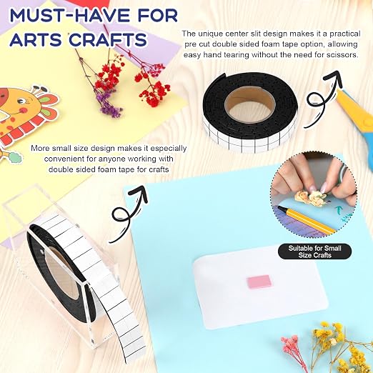Double Sided Foam Tape for Crafts 0.4 X 0.5 in Pre Cut Double Sided Foam Squares Roll with Acrylic Storage Box Foam Adhesive Squares for Crafts Arts DIY Office Supplies