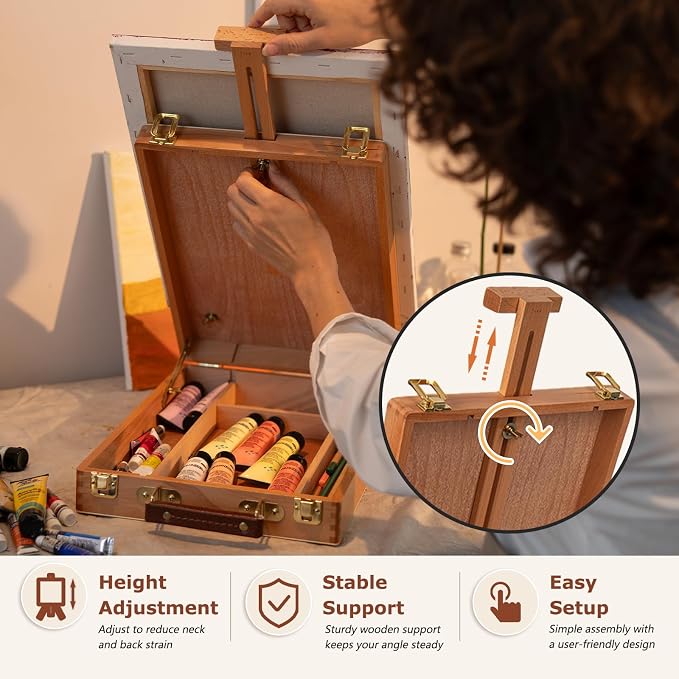 DJAR Tabletop Sketchbox Art Easel for Painting, Solid Beech Wood, Natural | Adjustable Desktop Art Stand with Storage Drawer, Portable Wooden Tool Box for Sketching, Drawing and Painting Supplies ﻿