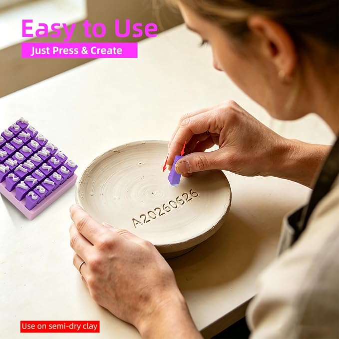 Purple Alphabet Stamps for Clay – 36 Pcs (Uppercase Letters & Numbers 0-9 Set), Essential Clay Letter Stamps for Pottery, Ceramics, Concrete, DIY Craft Tools with Storage Box