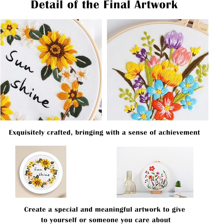 Vigdit 4 Pack Embroidery Kit for Beginners, Needlepoint Cross Stitch Kit for Adult Beginner, Easy DIY Hand Embroidery Starter Kit with Stamped Floral Pattern Embroidery Hoop Tools and Instruction