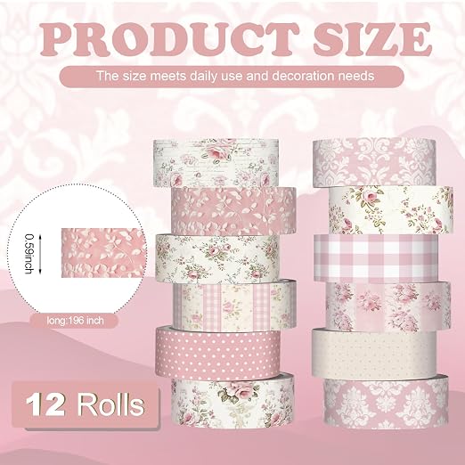 12 Rolls Floral Washi Tape Set,Light Pink,Polka Dots and Floral | Watercolor Flowers Design for Scrapbook Journal DIY Craft School Supplies, 15 mm Vintage Decorative Masking Washi Tapes