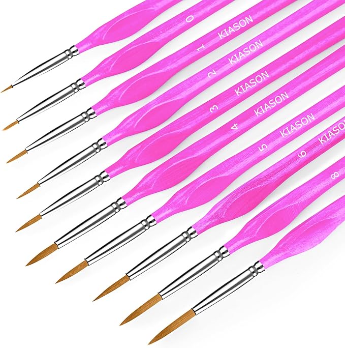 10Pcs Miniature Detail Paint Brushes Triangular Wood Handle Set | Tiny tips for acrylic, oil & watercolor, for paint-by-number, models, figurines, face paint, crafts & adult drawing, Magenta