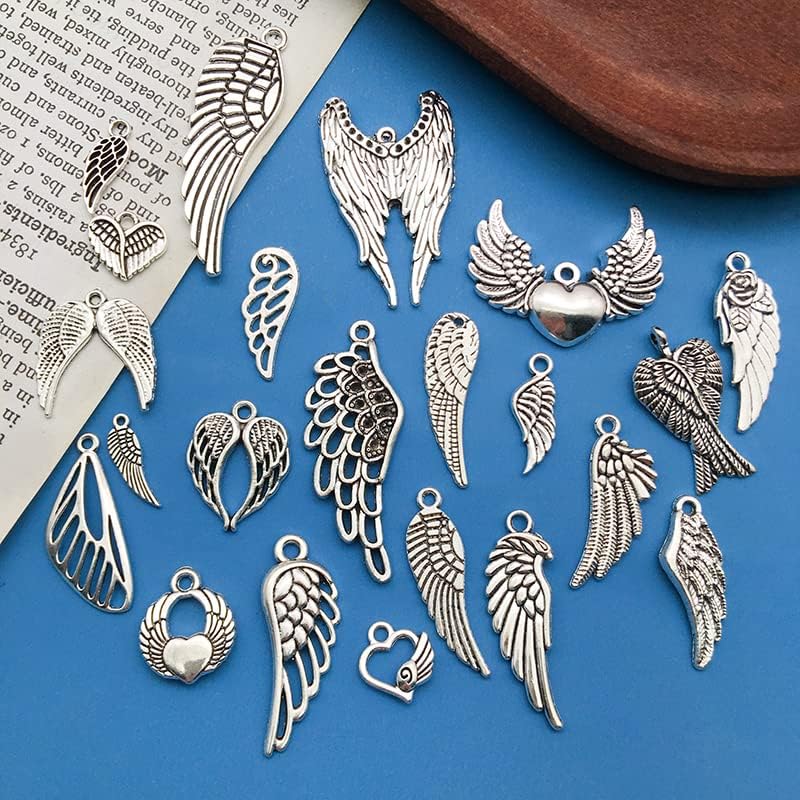 WOCRAFT 120pcs Antique Silver Wing Charms for Jewelry Making Alloy Heart Angel Wing Charms for DIY Crafts (SN013)