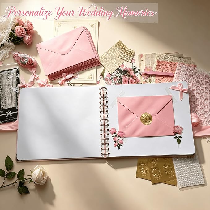 Ratutodax Letters to The Bride Scrapbook Kit,10"x8" DIY Wedding Guest Book | Blush Pink;Lay-flat gold coil design;50 blank pages of 180gsm;Fits 5" x 7" photos;160+ accessories;Bridal Shower Gift