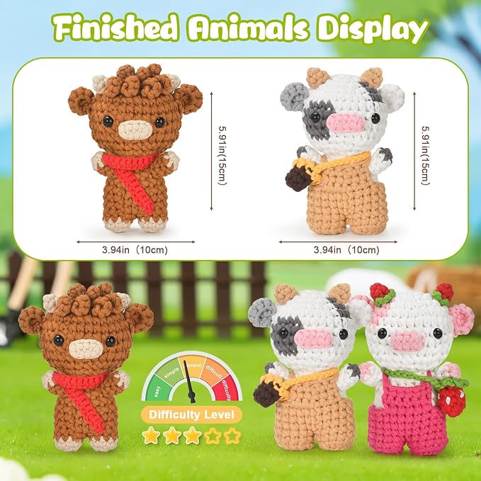 Zepiany Crochet Kit for Beginners 3 PCS Amigurumi Animal Cows Starter Kit Step-by-Step Video Tutorials DIY Craft Gifts for Adults Knitting Lovers Mother Teacher Graduates with 40% Extra Yarn