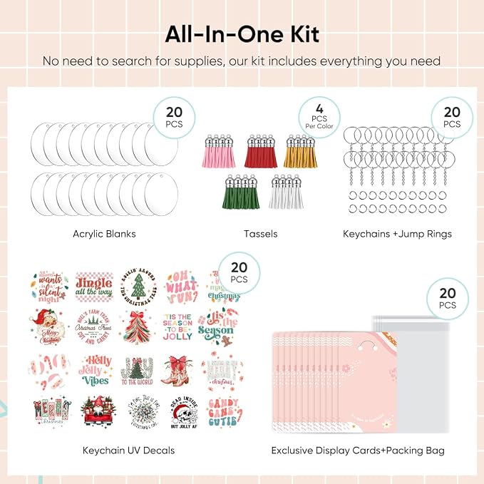 YOPPIX 140 PCS Acrylic Keychain Blank Set, Christmas Double-Sided UV DTF Stickers Acrylic Keychain Making Kits for Vinyl DIY Craft Project Christmas Tree Ornament