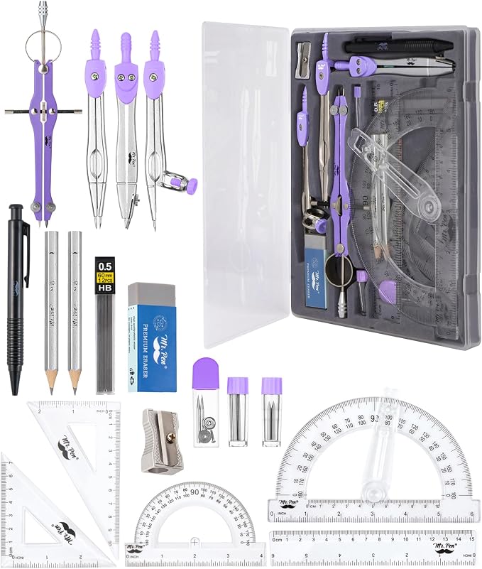 Mr. Pen- Geometry Set, 15 pcs, Purple, 6 Inch Swing Arm Protractor, Divider | Set Squares, Ruler, Compasses and Protractor