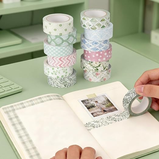 12 Rolls Floral Washi Tape Set,Watercolor,Garden | Watercolor Flowers Design for Scrapbook Journal DIY Craft School Supplies, 15 mm Vintage Decorative Masking Washi Tapes