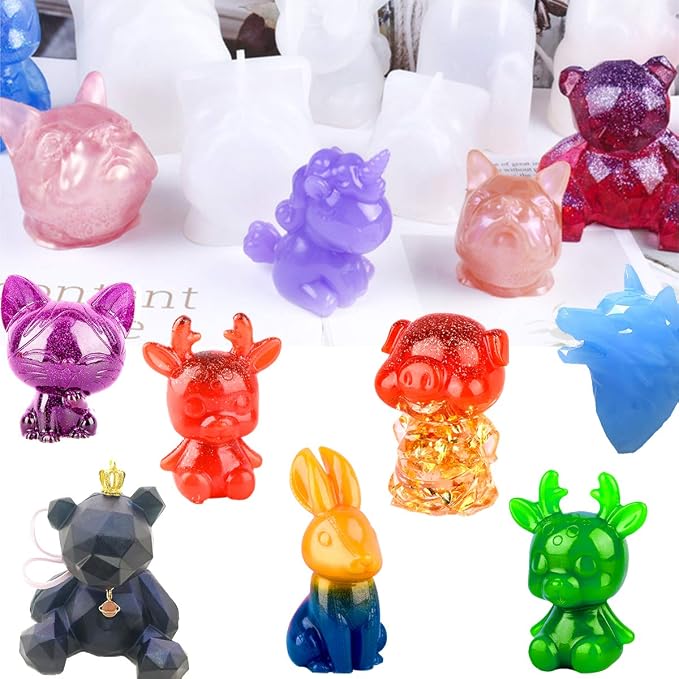 EuTengHao 20Pcs 3D Animal Resin Molds Tools Set Includes 8 Resin Casting Molds Large Clear Epoxy Silicone Molds 2 Measurement Cup 10 Wood Sticks for Resin Craft DIY