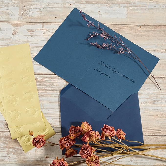 50 Pack Navy Blue A7 Envelopes with Cards and Gold Stickers, 5x7
