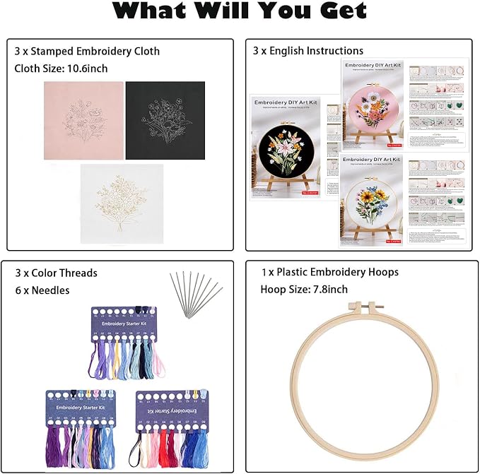 GLTAYLMY Embroidery Kit for Beginners Adults,3 Pack Cross Stitch Kits with 1 Plastic Embroidery Hoops,Needles and Color Threads,Needlepoint Kit for Hand Embroidery Starter