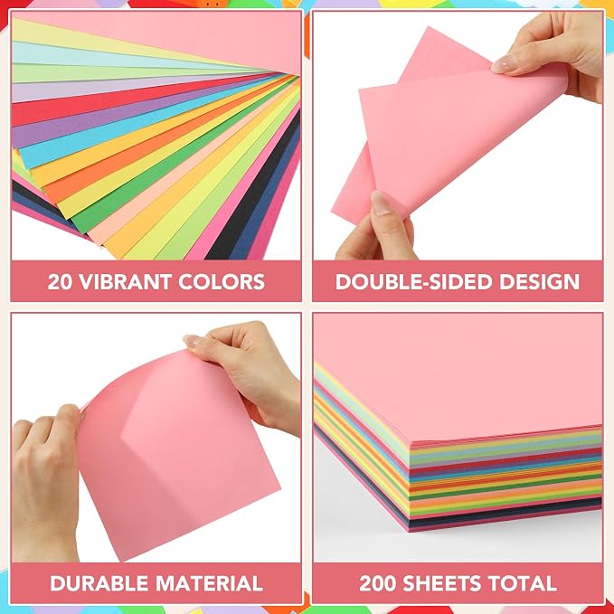 20 Colors Origami Paper 6 × 6 In, 200 Sheets Oragami kit for Kids Ages 8-12 | Square Origami Kit, Easy to Fold, Colorful Crafts for Handmade Projects, Folding , Diy Party Decor & Back to School Gifts