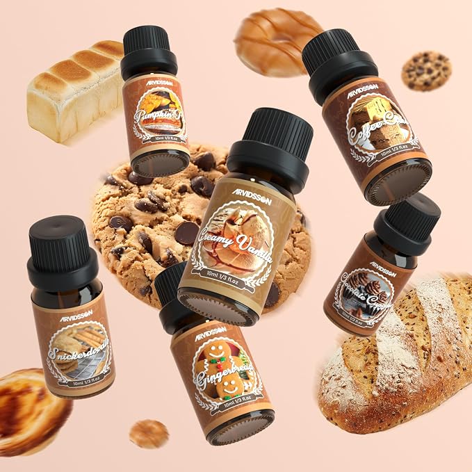 ARVIDSSON Bakery Essential Oils Set, Natural Fragrance Oil for Diffuser, Candle Making - Pumpkin Pie, Snickerdoodle, Gingerbread, Coffee Cake, Creamy Vanilla, Chocolate Cupcake