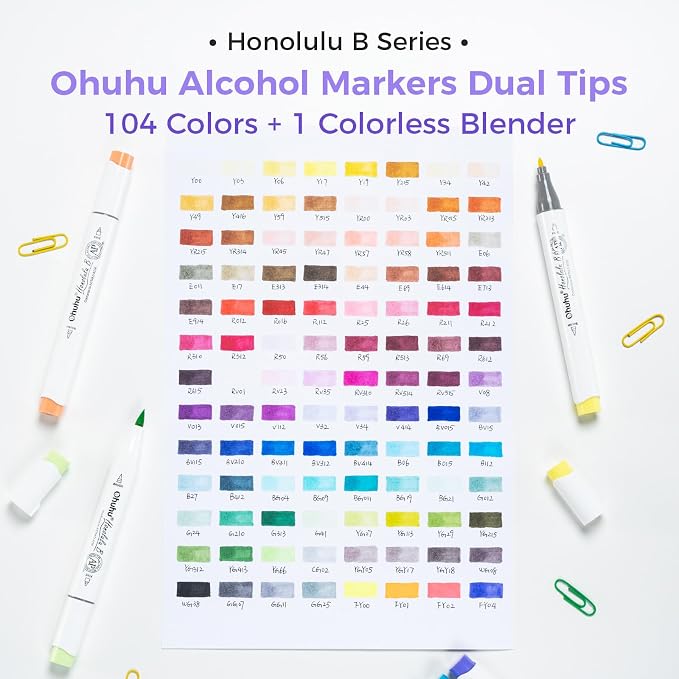 Ohuhu Alcohol Markers 104 Colors Brush& Fine for Artist Adult Cozy Coloring | AP Certified Refillable Art Marker Set, Dual Tips Alcohol-based for Beginners Drawing Illustration Sketching, Honolulu B