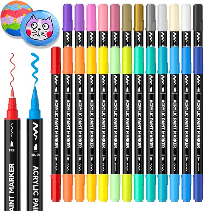 Shuttle Art 25 Colors Dual Tip Acrylic Paint Markers, Brush Tip and Fine Tip Acrylic Paint Pens for Rock, Ceramic, Wood, Canvas, Plastic, Glass, Stone, Calligraphy, Card Making, DIY Football Crafts