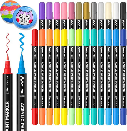 Shuttle Art 25 Colors Dual Tip Acrylic Paint Markers, Brush Tip and Fine Tip Acrylic Paint Pens for Rock, Ceramic, Wood, Canvas, Plastic, Glass, Stone, Calligraphy, Card Making, DIY Football Crafts