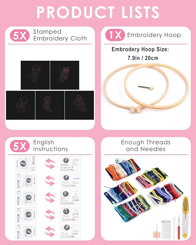 TINDTOP 5 Pack Embroidery Kit for Adult, Embroidery DIY Starter Kit | for Beginners Include Embroidery Cloth Hoops Threads for Craft Lover Hand Stitch with Embroidery Skill Techniques