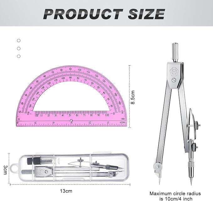 EBOOT Drawing Compass and 6 in Protractor Geometry Set, Pink | Geometry Math Set, Swing Arm Protractor Ruler Compass, Geometry Drawing Tools for Measuring Angles