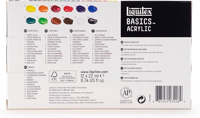 Liquitex BASICS Acrylic Paint Set, 12 x 22ml (0.74-oz) Tube Paint Set | Medium Viscosity, Satin Finish, Lightfast, Fine Art Pigments, Range of Opacities, Easy Blending