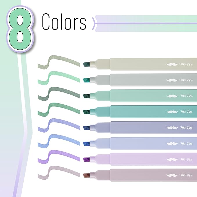 Mr. Pen- Aesthetic Highlighters No Bleed, 8 Pack, Assorted Colors | Chisel Tip, Cute Highlighters Assorted Colors for Journaling, Highlighting, Underlining, Fast Dry, Back to School Supplies