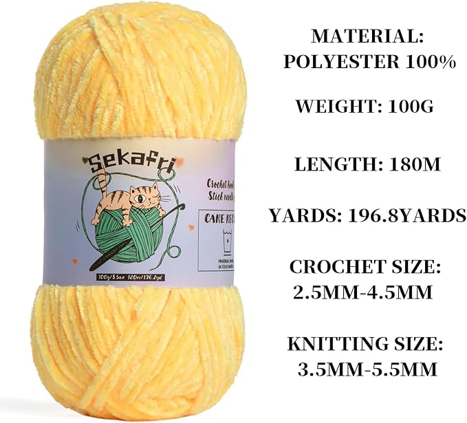 3 Pack of 300g (590yds) Fuzzy Chenille Yarn for Crocheting,Fluffy Amigurumi Crochet Yarn for DIY Craft/Hat/Clothes, Soft Velvet Baby Blanket Yarns（3 Light Yellow）