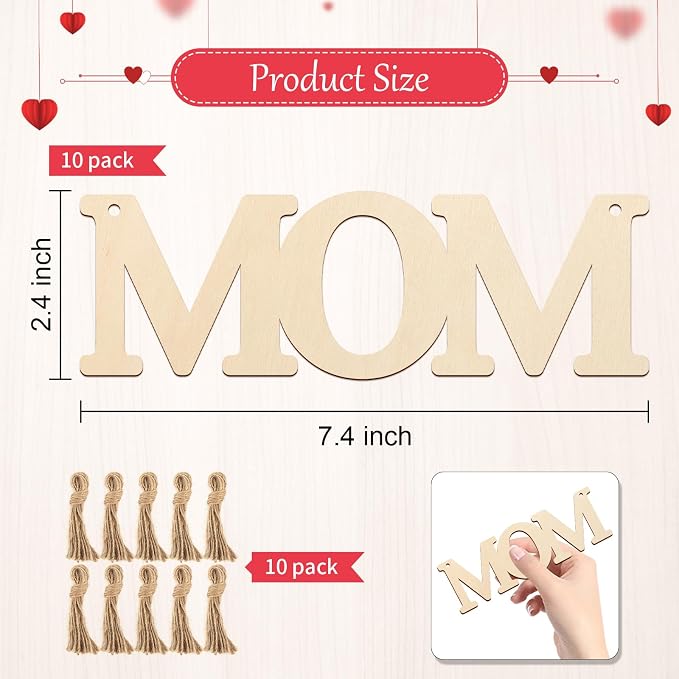 Wooden MOM Letter Ornaments to Paint 7 Inch, Large Size Mothers Day Wooden Cutout DIY Blank Unfinished Wood Discs Mother's Gifts Ornament for Crafts Hanging Decorations(10PCS)