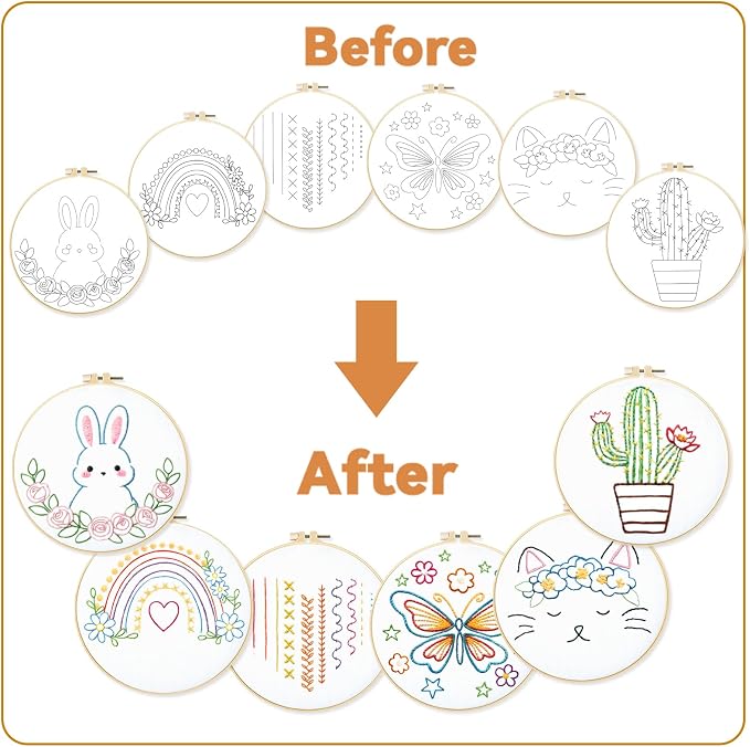 BEUNITONE 6Pcs Easy Embroidery Kit for Adults Beginners, Simple Cross Stitch Starter Set for Beginners, Cute Animal Rainbow Butterfly DIY Craft Activity for Home Decor and Festival Gifts 20x20cm
