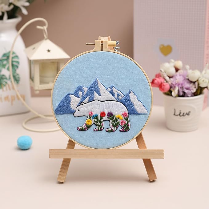 Louise Maelys Glacial Polar Bear and Flowers Embroidery Kit DIY Craft | Pre-Printed Fabric, Hoop, Threads, Needles & Guide for DIY Needlepoint Kit and Cross Stitch Starter Kit for Adults