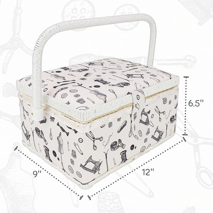Large Sewing Basket with Complete Sewing Supplies, Black White