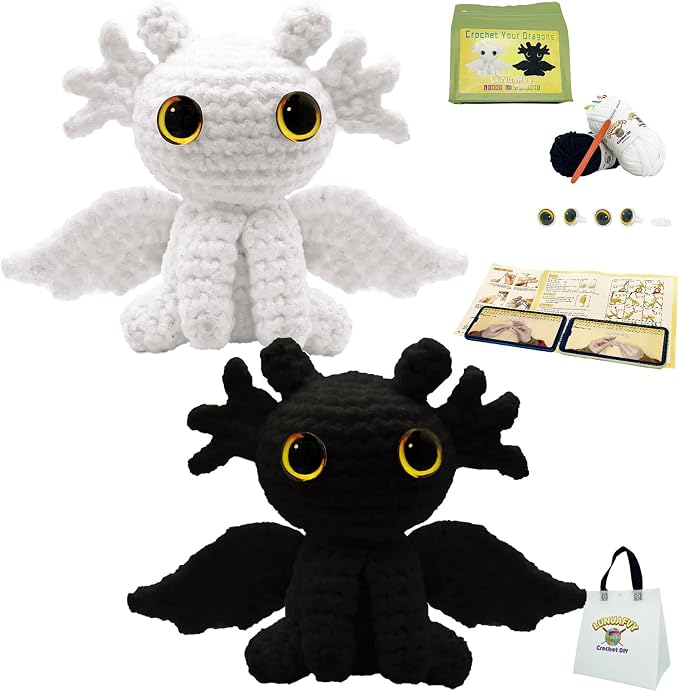 LuNuaFvy Crochet Kit for Beginners, Adults & Kids, Complete Animal Starter Kit to Make 2 Amigurumi Dragons,DIY Gift with Easy-to-Follow Book & Video Tutorial, Soft Yarn, 2 Bags