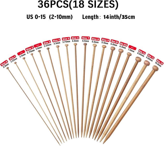 LOOEN Bamboo Knitting Needles Kit 36 Pcs Single Pointed Bamboo Knitting Needles 2.0mm-10.0mm Weaving Tools Knitting Kits (Pink Case)